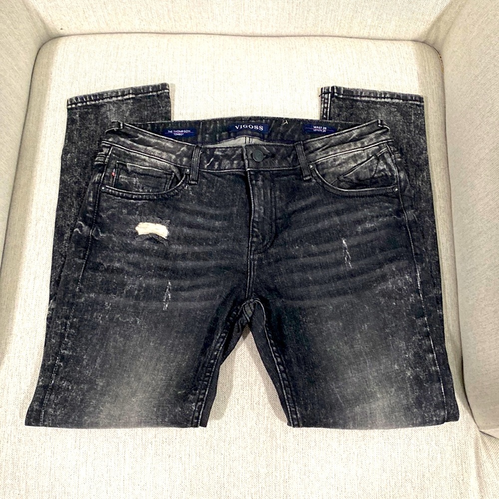 NWOT VIGOSS Ripped Distressed Whiskered Denim Pants Mid Rise Slim Fit